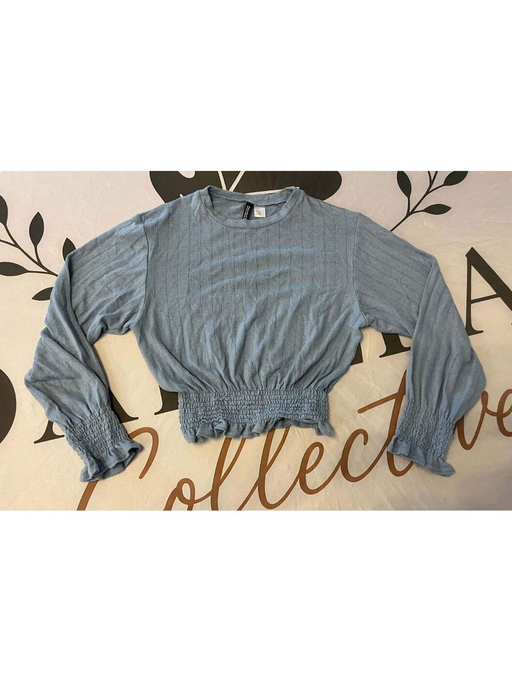 Light Blue Smocked Waist and Cuffs Knit Sweater